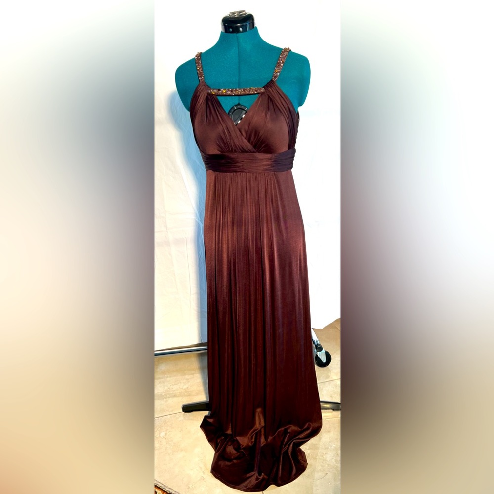 Brown, formal, sequined party dress.